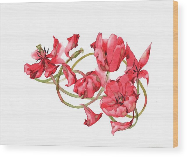 Russian Artists New Wave Wood Print featuring the painting Red Tulips Vignette by Ina Petrashkevich