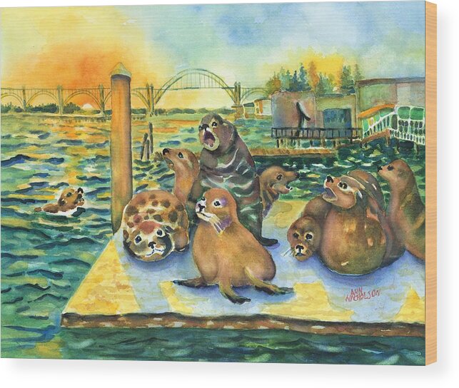 Sea Lions Wood Print featuring the painting Sea lions @ Yaquina Bay by Ann Nicholson