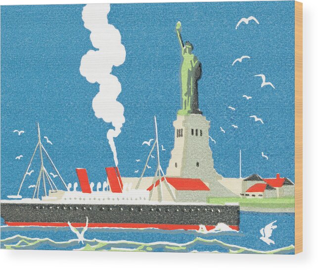 Activity Wood Print featuring the drawing Ship passing Statue of Liberty by CSA Images