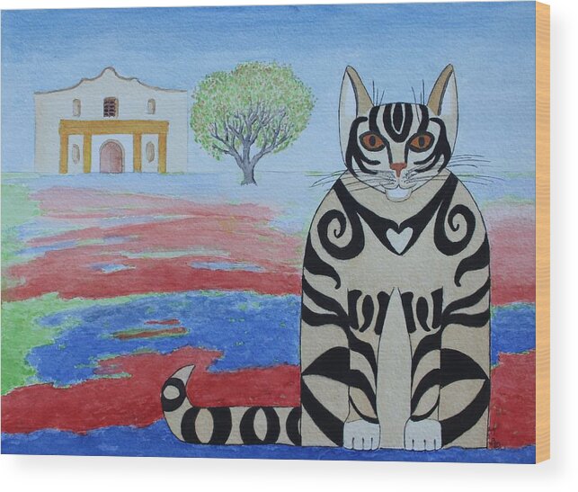 Spring Wood Print featuring the painting Spring Alamo Cat by Vera Smith