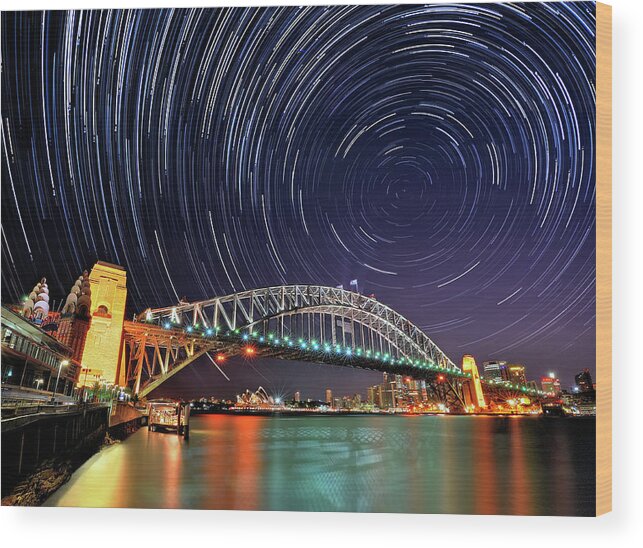 Sydney Harbor Bridge Wood Print featuring the photograph Star-trail Over Sydney by Atomiczen
