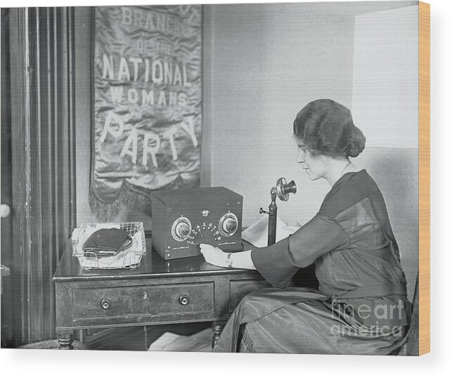 Mid Adult Women Wood Print featuring the photograph Suffrage Leader Alice Paul Broadcasting by Bettmann