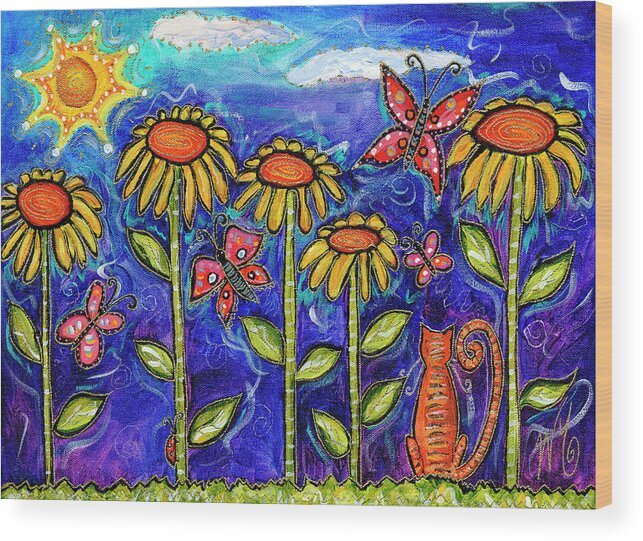 Sundown Sunflowers Wood Print featuring the painting Sundown Sunflowers by Wyanne