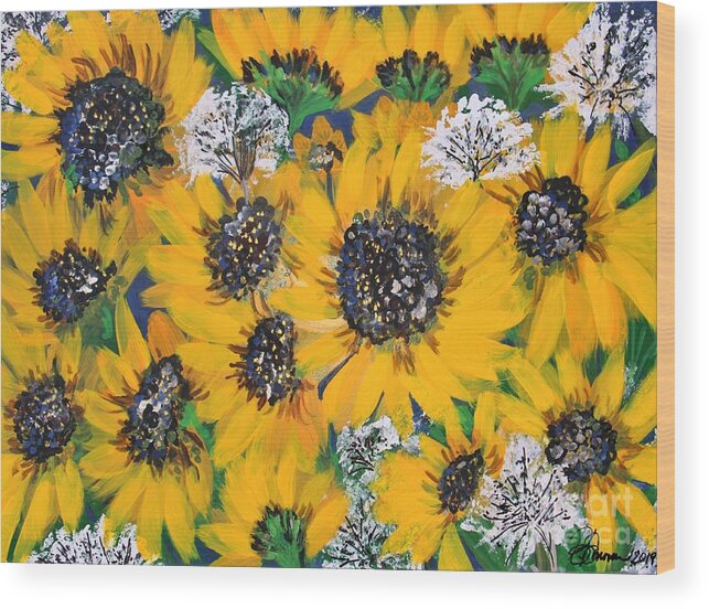 Prints Wood Print featuring the painting Sunflowers and Queen Ann Lace Large Print Version by Barbara Donovan