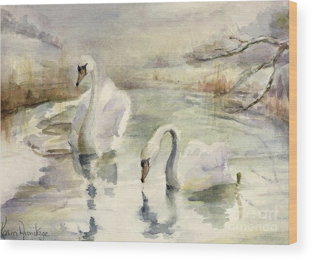 Swan Wood Print featuring the painting Swans in Winter by Karen Armitage