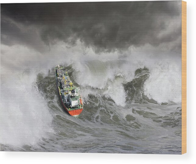 San Francisco Wood Print featuring the photograph Tanker In Ocean Storm by John Lund