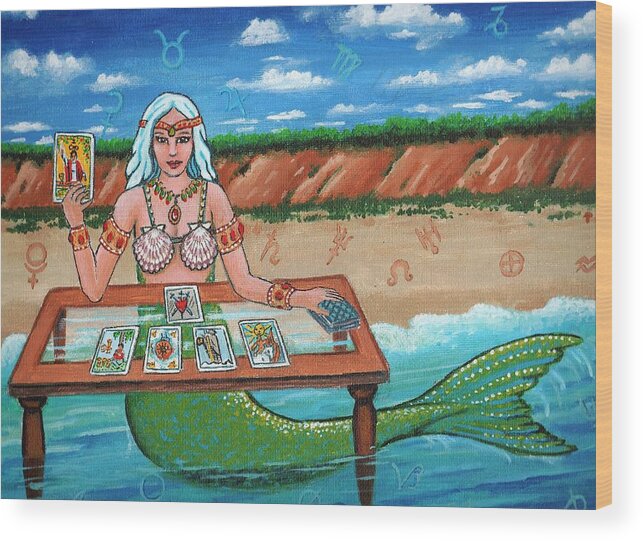 Mermaids Wood Print featuring the painting Tara Reads the Tarot on the Truro Beach. by James RODERICK