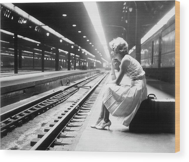 Child Wood Print featuring the photograph Teenage Girl Waiting For Train by Bettmann