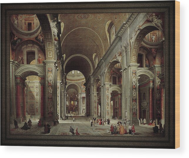 The Nave Of St. Peter's Basilica Wood Print featuring the painting The Nave of St Peter's Basilica in the Vatican c1735 by Giovanni Paolo Pannini by Rolando Burbon