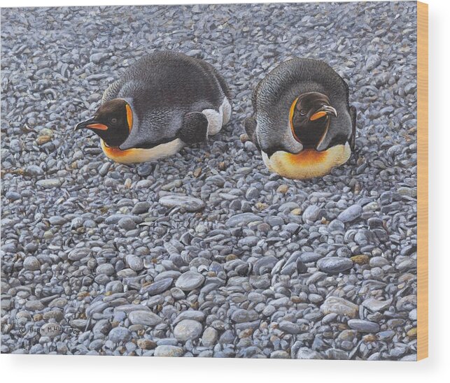 Alan M Hunt Wood Print featuring the painting Two King Penguins by Alan M Hunt by Alan M Hunt