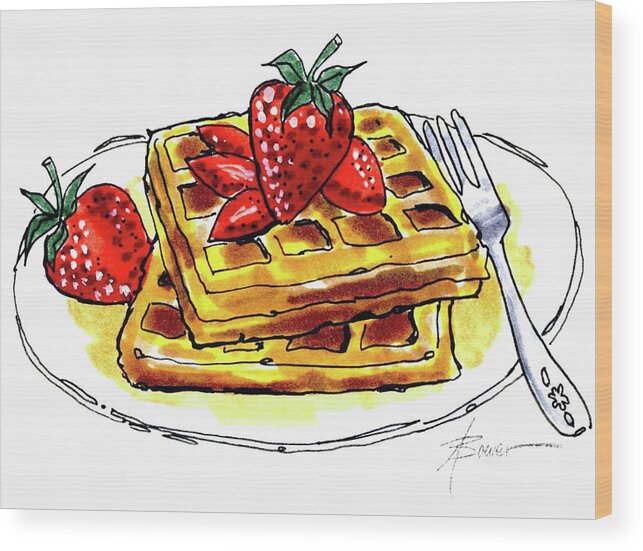 Waffles Wood Print featuring the painting Waffles and Strawberries by Adele Bower