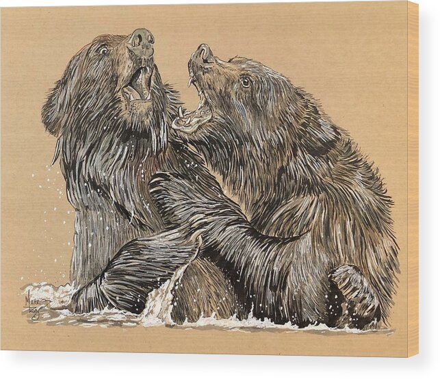 Grizzly Bears Wood Print featuring the painting Bear Brawl #1 by Mark Ray