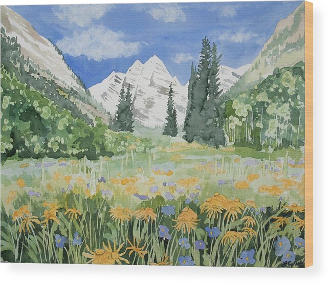 Landscape Wood Print featuring the painting Watercolor- Maroon Bells Summer Landscape by Cascade Colors