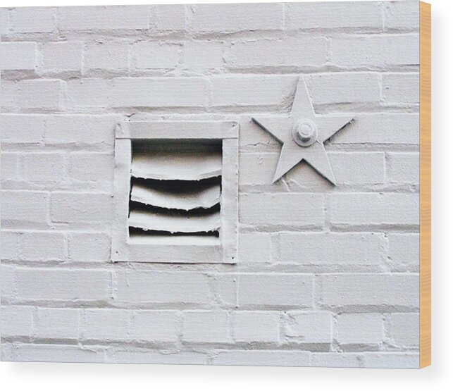Outdoors Wood Print featuring the photograph White Brick Wall With Vent And Star by Linus Gelber / Alert The Medium