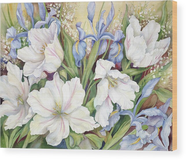 White Tulips Wood Print featuring the painting White Tulips/ Blue Iris by Joanne Porter