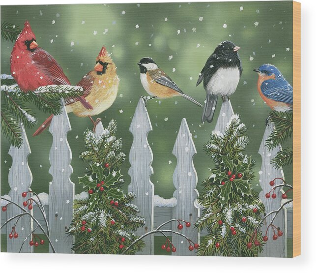Birds Wood Print featuring the painting Winter Birds On A Snowy Fence by William Vanderdasson
