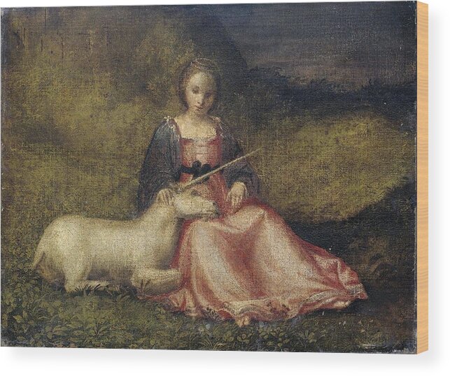 Canvas Wood Print featuring the painting 'Woman with Unicorn. by Giorgione -rejected attribution-