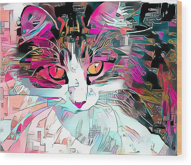 Pink Wood Print featuring the digital art Wonderful Cat Art Pink by Don Northup
