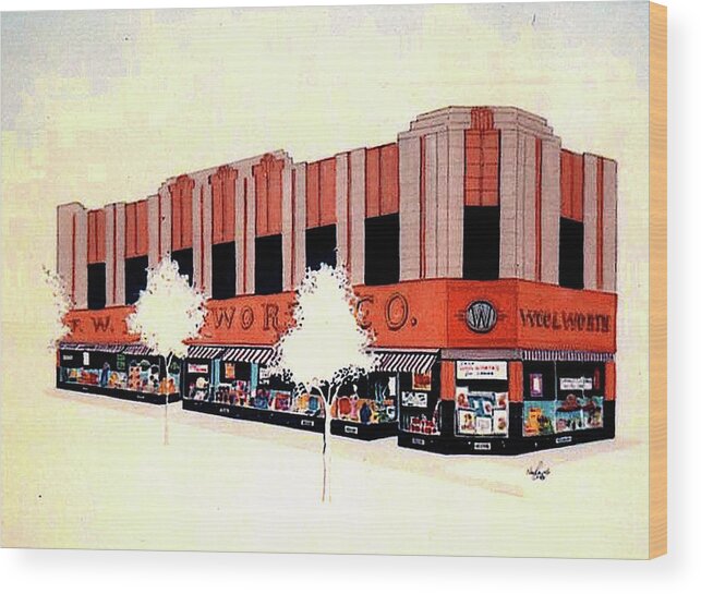 Market Street Wood Print featuring the painting Woolworth on Market St. by William Renzulli
