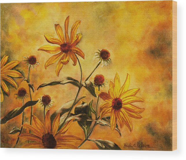 Floral Wood Print featuring the painting Yellow Wild Flowers by Heidi E Nelson