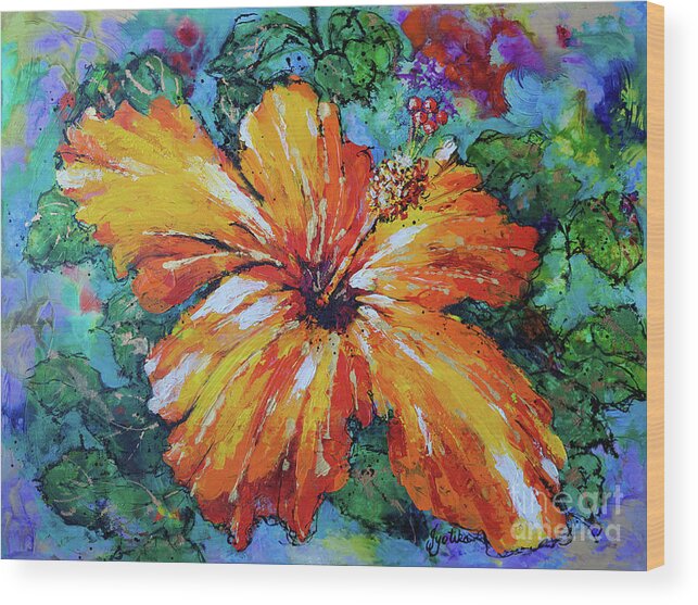 Orange Hibiscus Wood Print featuring the painting Orange Hibiscus by Jyotika Shroff