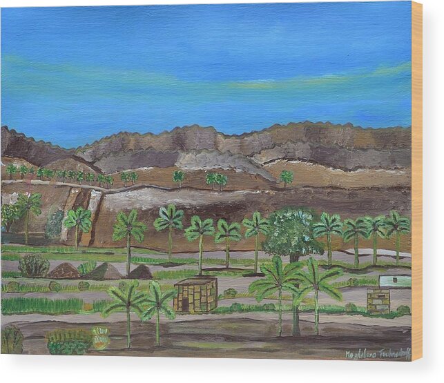 Saudi Arabian Desert Palms Rocks Clifff Sand Summer Middle East Heat Print Painting Birthday Puzzle Sun Bright Wind Sand Storm Present Card Poster Copy Naive Art Sky Landscape Acrylic Wood Print featuring the painting Saudi Arabia #1 by Magdalena Frohnsdorff
