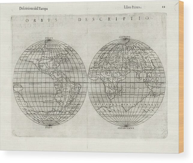 Map Wood Print featuring the painting WORLD MAPS BUNTING Die Eigentliche und Warhafftige Gestalt der Erden und des Meers. Cosmographia Un #1 by MotionAge Designs