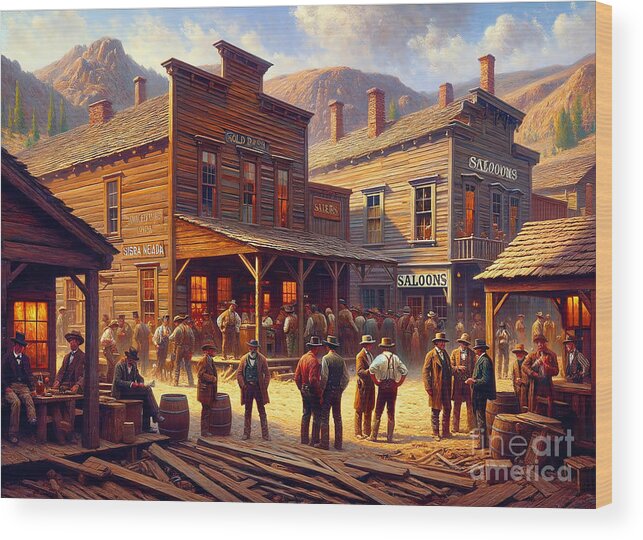 Gold Rush Wood Print featuring the painting A gold rush town in the Sierra Nevada, with miners and saloons. by Jeff Creation