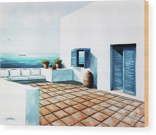 Santorini Wood Print featuring the painting A Santorini First by Mary Grden