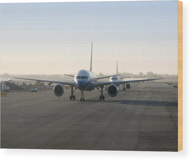 Orange Color Wood Print featuring the photograph Airplanes Taxiing On Runway by Terraxplorer