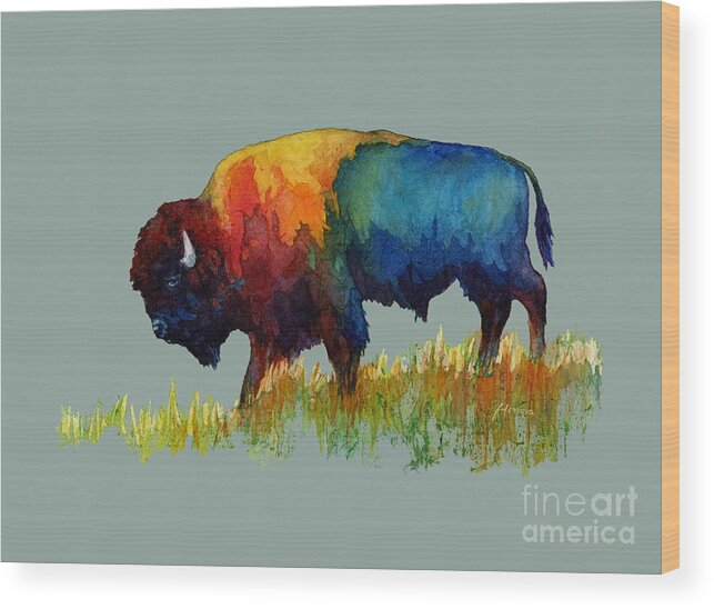 Bison Wood Print featuring the painting American Buffalo III-solid background by Hailey E Herrera