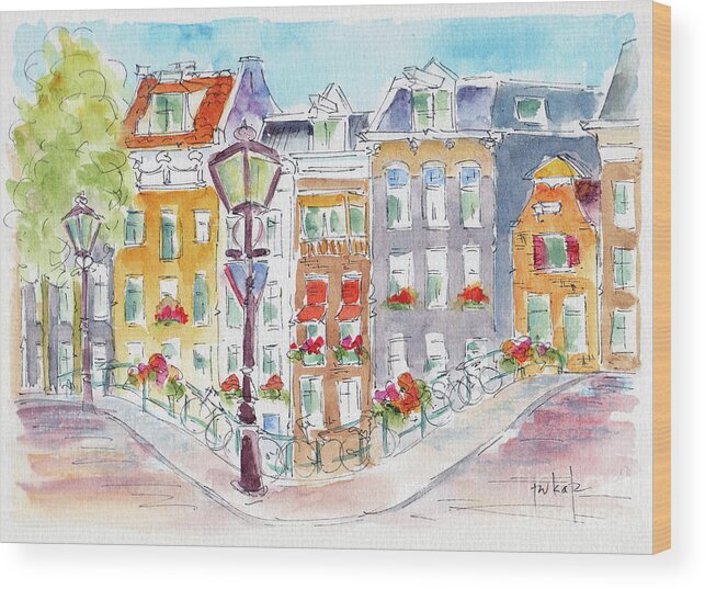 Impressionism Wood Print featuring the painting Amsterdam Bikes And Lampposts by Pat Katz