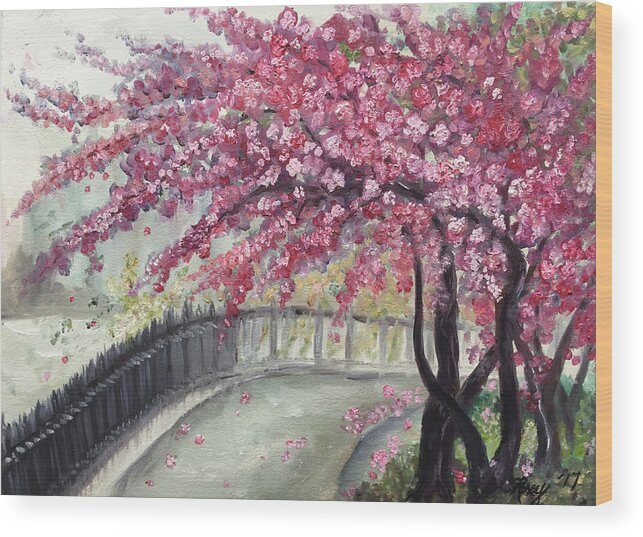 Paris Wood Print featuring the painting April in Paris Cherry Blossoms by Roxy Rich