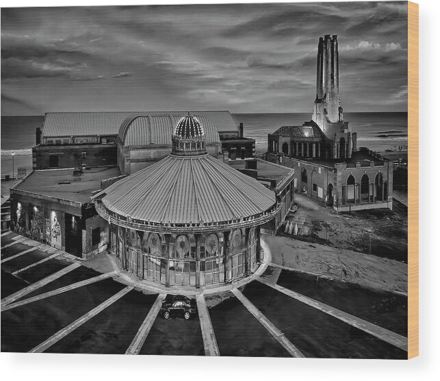 Asbury Park Wood Print featuring the photograph Asbury Park Carousel Aerial NJ BW by Susan Candelario