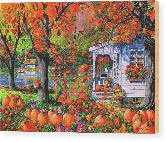 Autumn Landscape With Autumn Patchwork Quilt Wood Print featuring the painting Autumn Patchwork Quilt by Diane Phalen