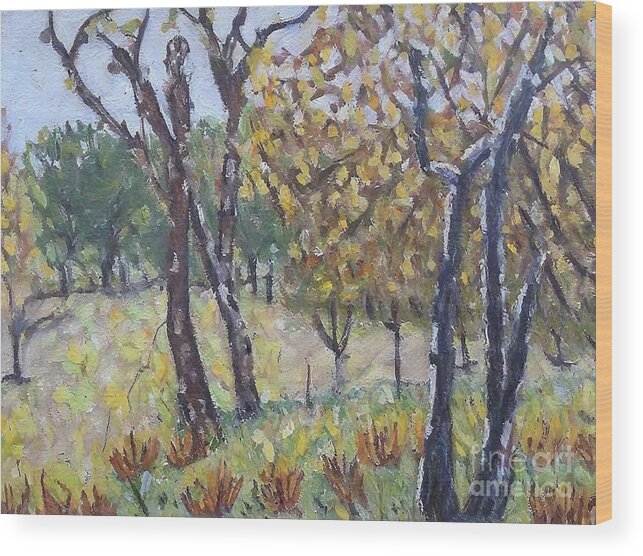 Falling Leaves Wood Print featuring the painting Autumn Trees in Kojori Forest in the Georgian Countryside in October Landscape Painting falling leaves green frame trees october autumn leaves fall forest green autumn by N Akkash