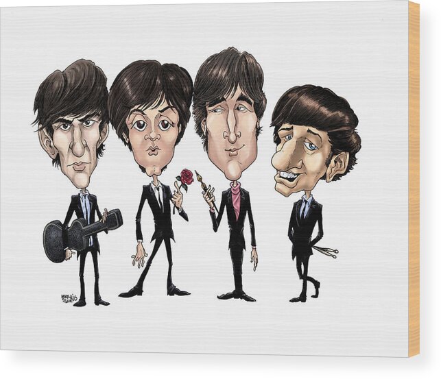 Caricature Wood Print featuring the drawing Beatles 1965 in color by Mike Scott