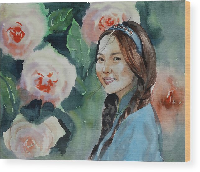 Beautiful Wood Print featuring the painting Beautiful Mongolian Woman by Munkhzul Bundgaa