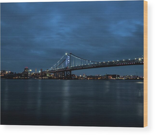 Bridge Wood Print featuring the photograph Blue Hour Over The Ben Franklin Bridge by Kristia Adams