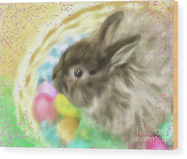 Animal Wood Print featuring the digital art Bunny In A Basket by Lois Bryan