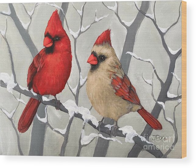 Cardinal Wood Print featuring the painting Cardinal couple, winter and snow by Inese Poga