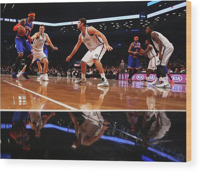 Nba Pro Basketball Wood Print featuring the photograph Carmelo Anthony, Brook Lopez, and Mirza Teletovic by Al Bello