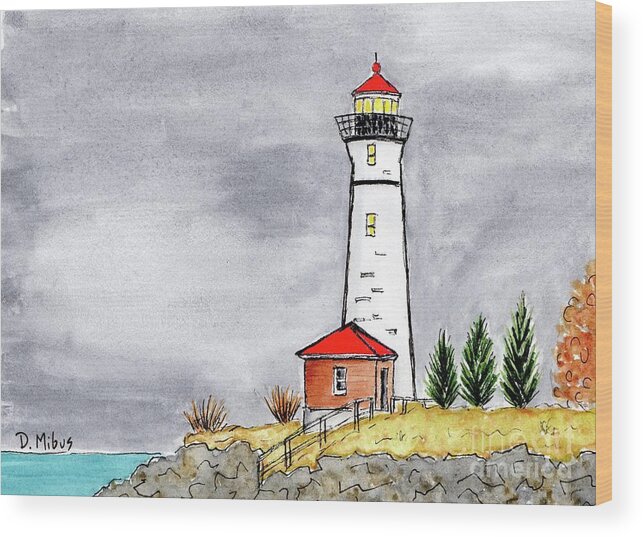 Maine Lighthouse Wood Print featuring the painting Brave Red Top Maine Lighthouse by Donna Mibus
