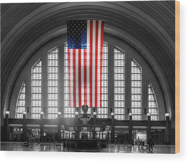 Interior Union Terminal Station Cincinnati Wood Print featuring the photograph Cincinnati Union Terminal Interior American Flag by Sharon Popek