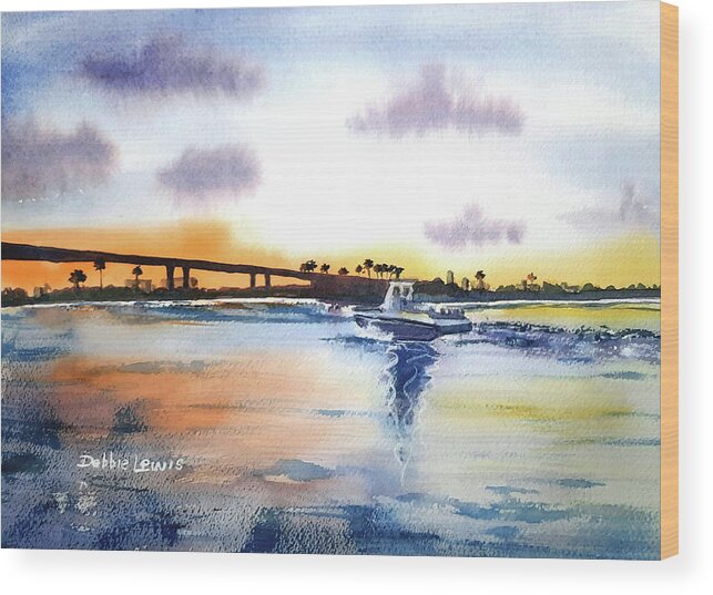 Clearwater Wood Print featuring the painting Clearwater Memorial Causeway at Sunset by Debbie Lewis