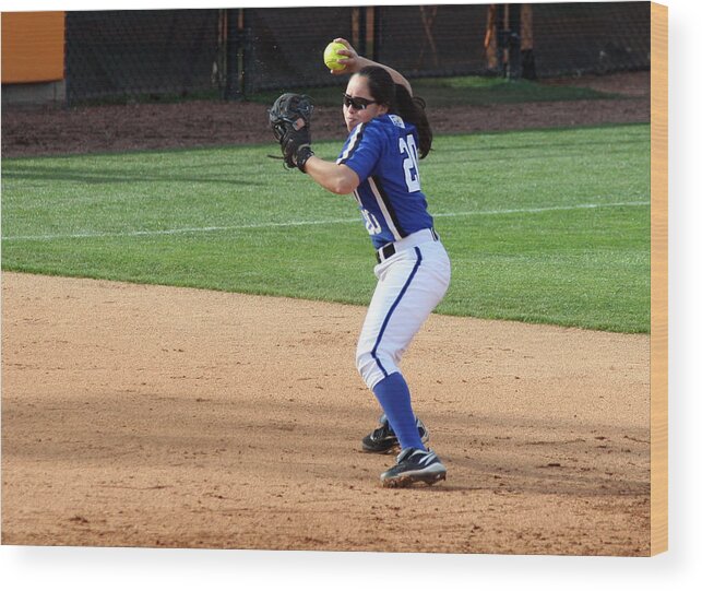 Focus Wood Print featuring the photograph College Softball Player Throwing by ActionPics