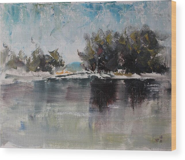Palette Knife Wood Print featuring the painting Cool Morning by the Lake by Vera Smith