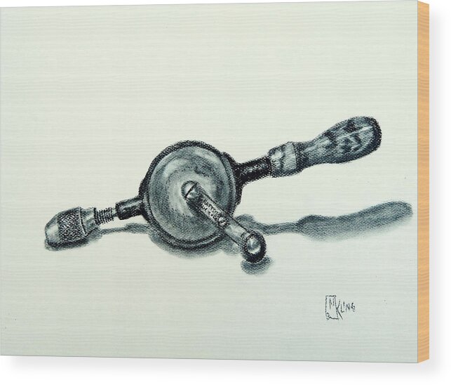 Old Tools Wood Print featuring the drawing Cordless Drill by Mike Kling