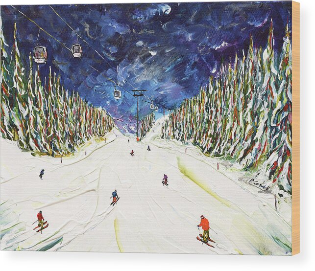 Ski Wood Print featuring the painting Courchevel Ski Print under Verdons Gondola by Pete Caswell