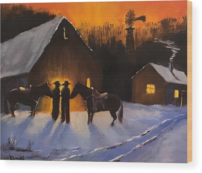 Cowboys Wood Print featuring the painting Cowboys Evening by Shawn Smith